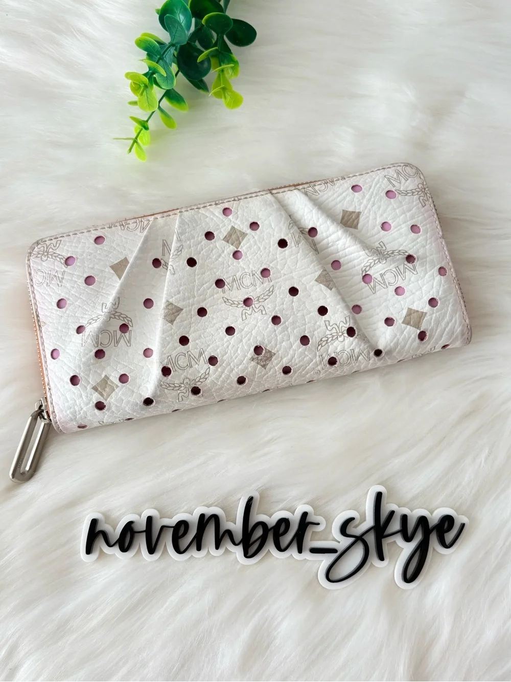 MCM Monogram White Perforated Zip Wallet with Purple Liner. LIMITED EDITION!